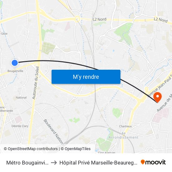 Métro Bougainville to Hôpital Privé Marseille-Beauregard map