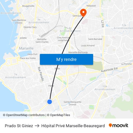 Prado St Giniez to Hôpital Privé Marseille-Beauregard map