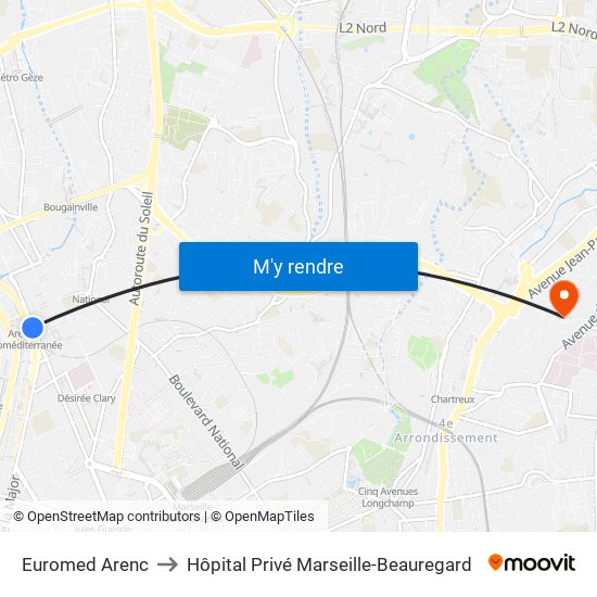 Euromed Arenc to Hôpital Privé Marseille-Beauregard map