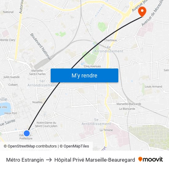 Métro Estrangin to Hôpital Privé Marseille-Beauregard map