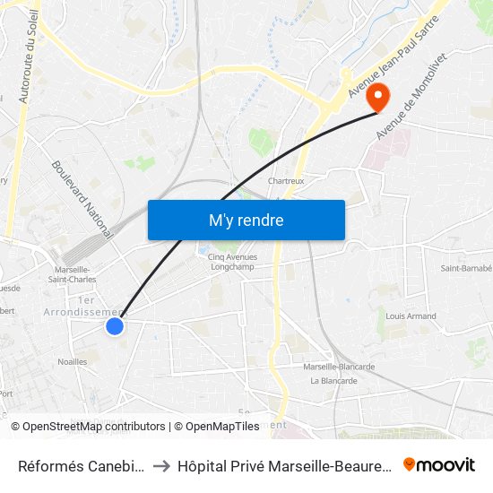 Réformés Canebière to Hôpital Privé Marseille-Beauregard map