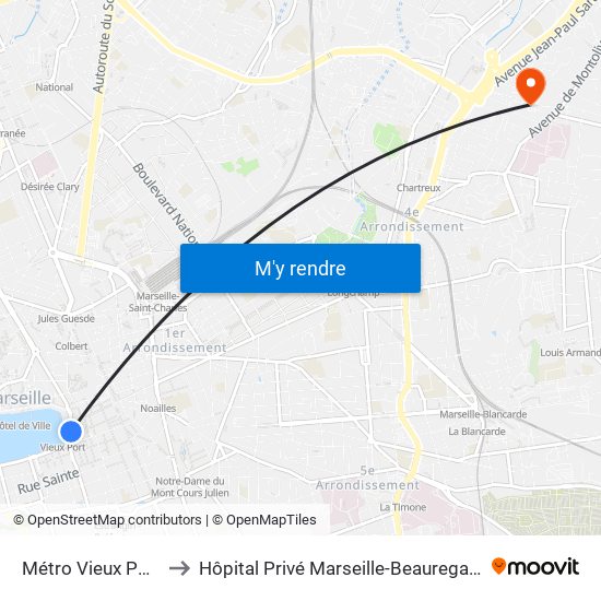 Métro Vieux Port to Hôpital Privé Marseille-Beauregard map