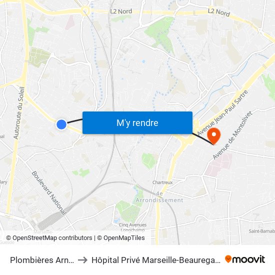 Plombières Arnal to Hôpital Privé Marseille-Beauregard map