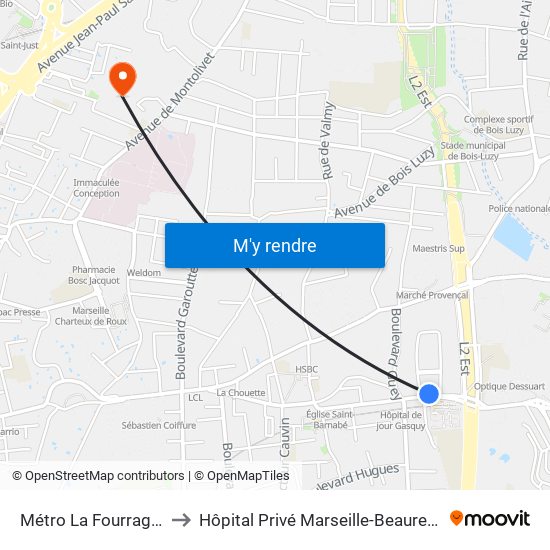 Métro La Fourragère to Hôpital Privé Marseille-Beauregard map