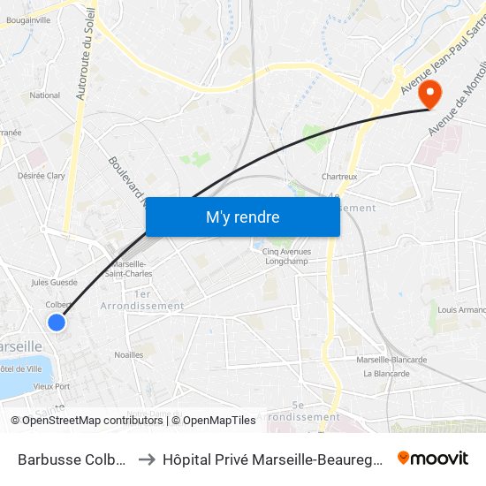 Barbusse Colbert to Hôpital Privé Marseille-Beauregard map