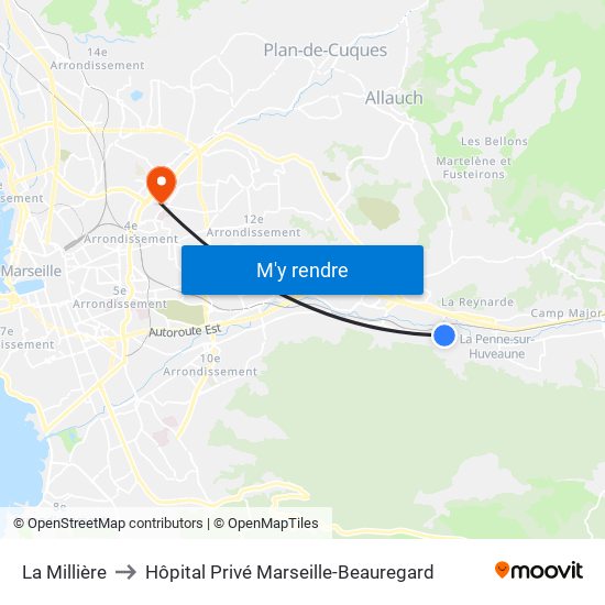 La Millière to Hôpital Privé Marseille-Beauregard map