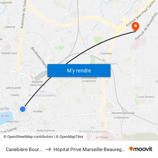 Canebière Bourse to Hôpital Privé Marseille-Beauregard map