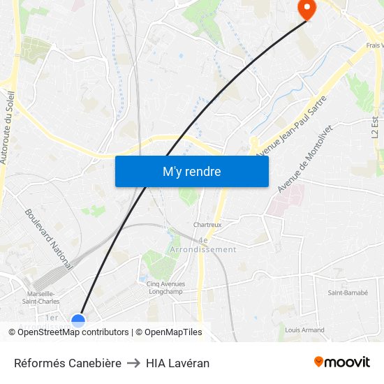 Réformés Canebière to HIA Lavéran map