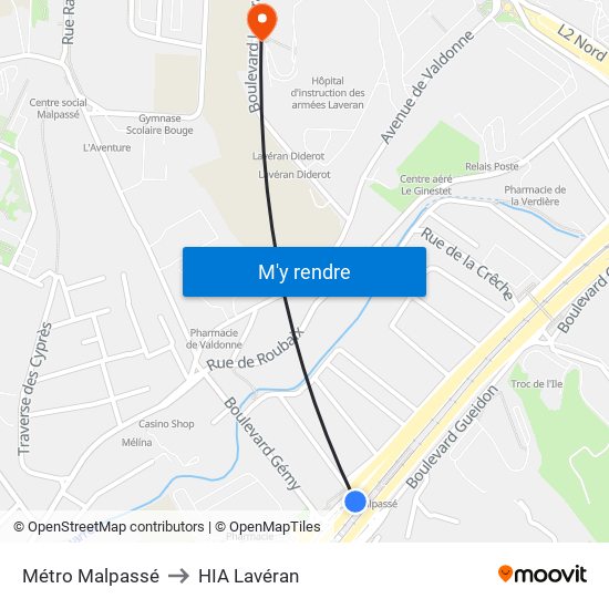 Métro Malpassé to HIA Lavéran map