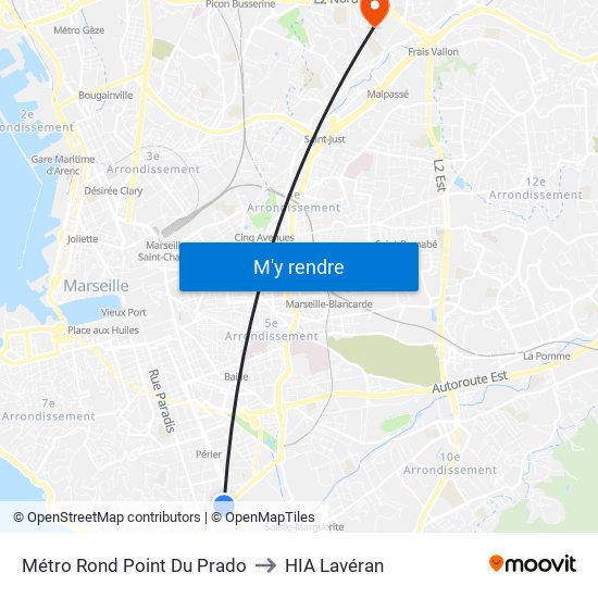 Métro Rond Point Du Prado to HIA Lavéran map