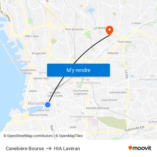 Canebière Bourse to HIA Lavéran map