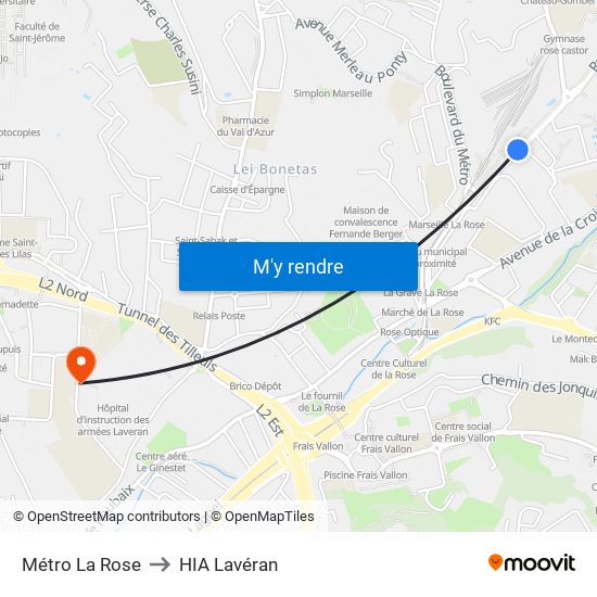 Métro La Rose to HIA Lavéran map
