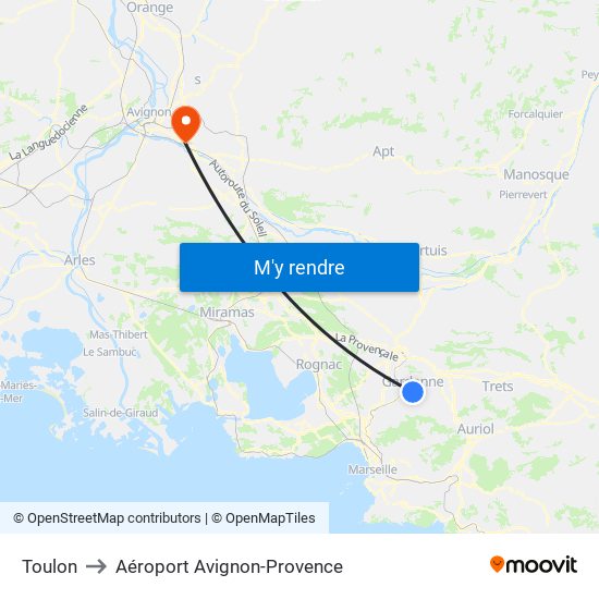 Toulon to Aéroport Avignon-Provence map