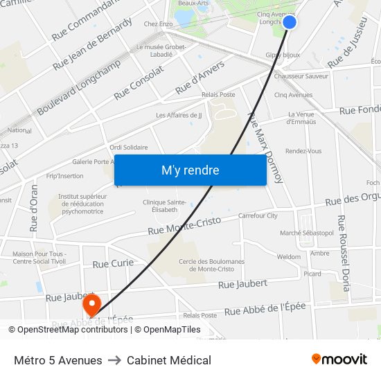 Métro 5 Avenues to Cabinet Médical map