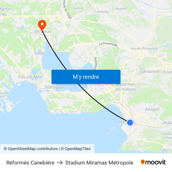 Réformés Canebière to Stadium Miramas Métropole map