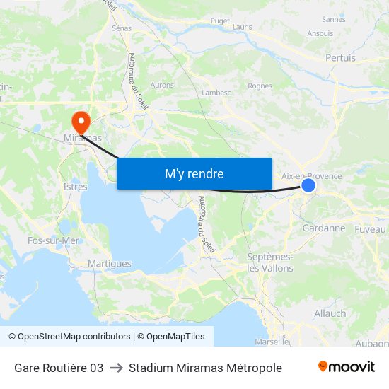 Gare Routière 03 to Stadium Miramas Métropole map