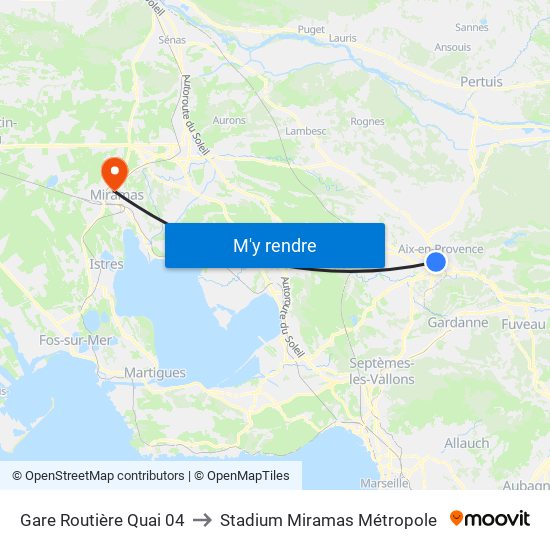 Gare Routière Quai 04 to Stadium Miramas Métropole map