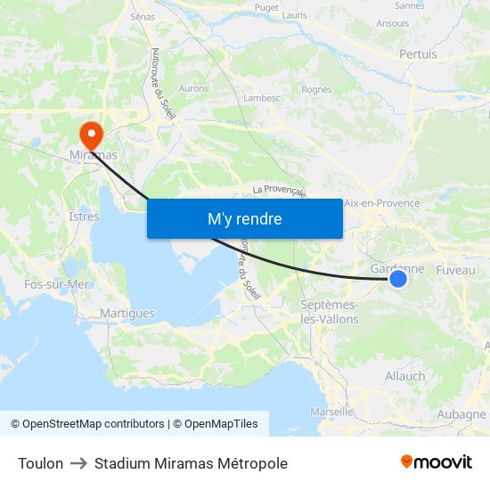 Toulon to Stadium Miramas Métropole map