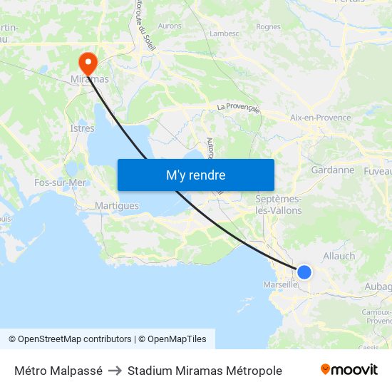Métro Malpassé to Stadium Miramas Métropole map