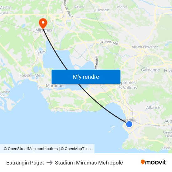 Estrangin Puget to Stadium Miramas Métropole map