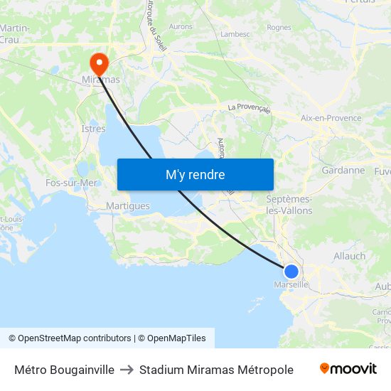 Métro Bougainville to Stadium Miramas Métropole map