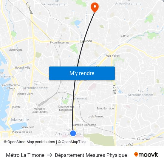 Métro La Timone to Département Mesures Physique map