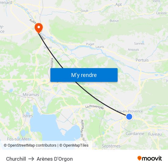 Churchill to Arènes D'Orgon map