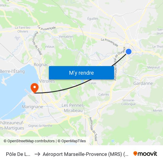 Pôle De La Beauvalle to Aéroport Marseille-Provence (MRS) (Aéroport de Marseille Provence) map