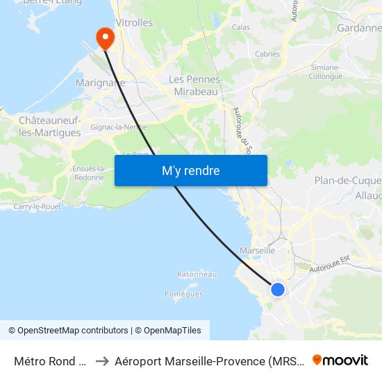 Métro Rond Point Du Prado to Aéroport Marseille-Provence (MRS) (Aéroport de Marseille Provence) map