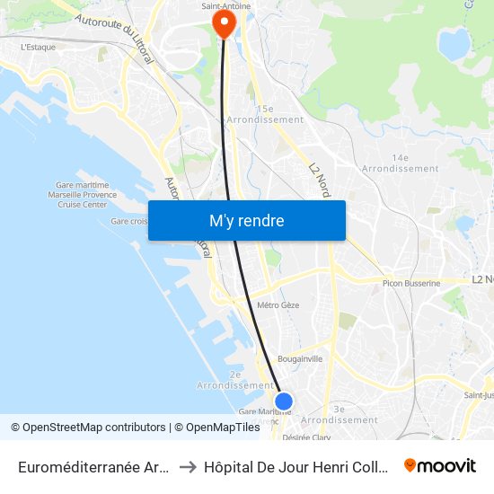 Euroméditerranée Arenc to Hôpital De Jour Henri Collomb map