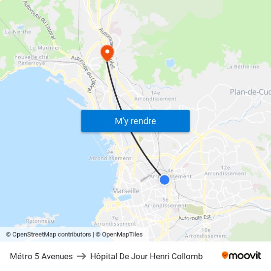 Métro 5 Avenues to Hôpital De Jour Henri Collomb map