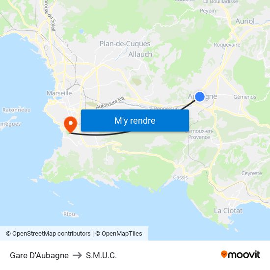 Gare D'Aubagne to S.M.U.C. map