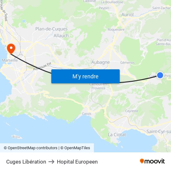 Cuges Libération to Hopital Europeen map