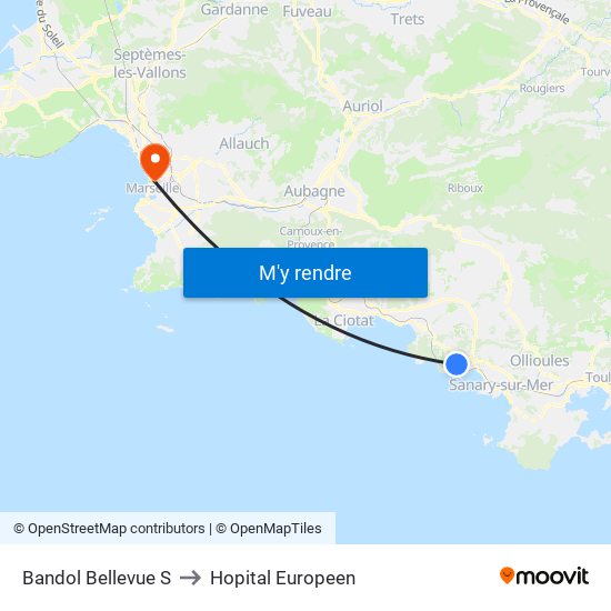 Bandol Bellevue S to Hopital Europeen map