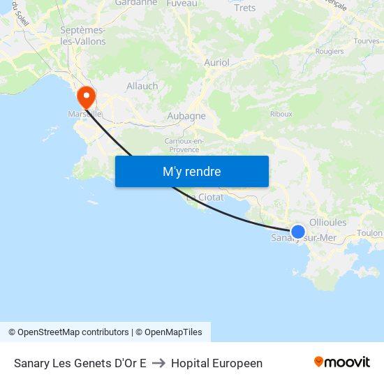 Sanary Les Genets D'Or E to Hopital Europeen map