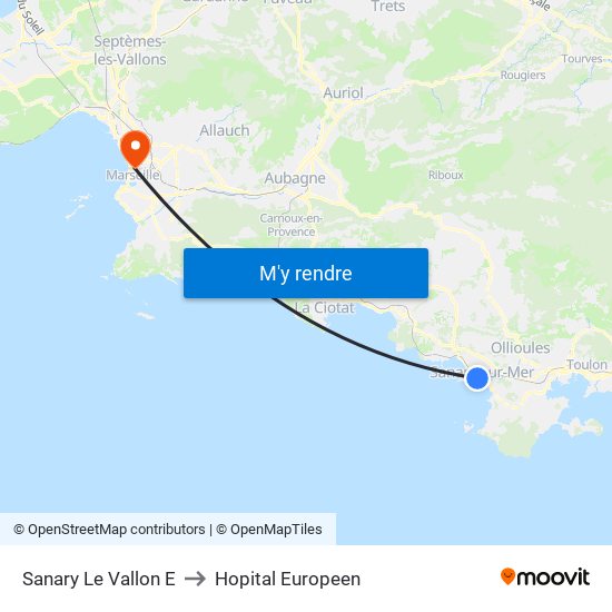 Sanary Le Vallon E to Hopital Europeen map