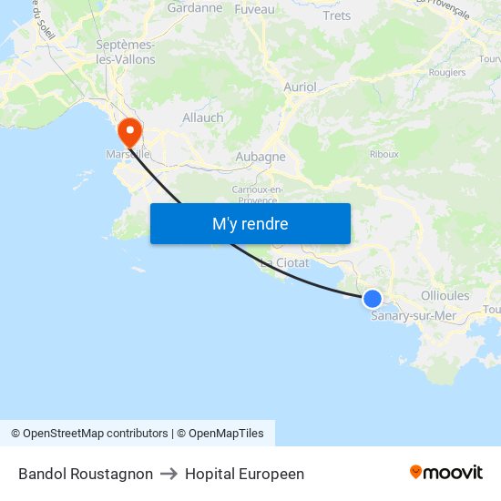 Bandol Roustagnon to Hopital Europeen map