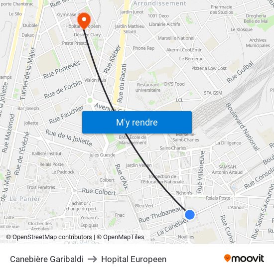 Canebière Garibaldi to Hopital Europeen map