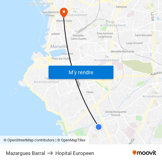 Mazargues Barral to Hopital Europeen map