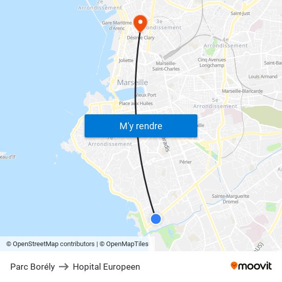 Parc Borély to Hopital Europeen map