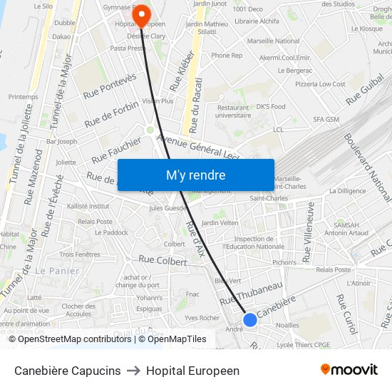 Canebière Capucins to Hopital Europeen map