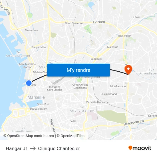Hangar J1 to Clinique Chantecler map