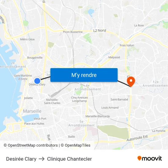 Desirée Clary to Clinique Chantecler map