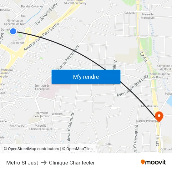 Métro St Just to Clinique Chantecler map