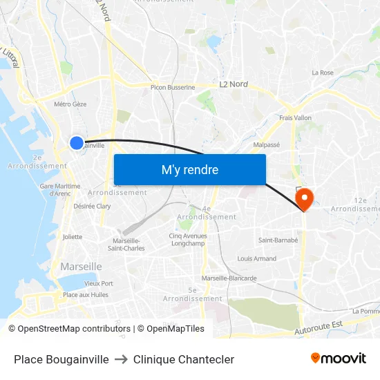 Place Bougainville to Clinique Chantecler map