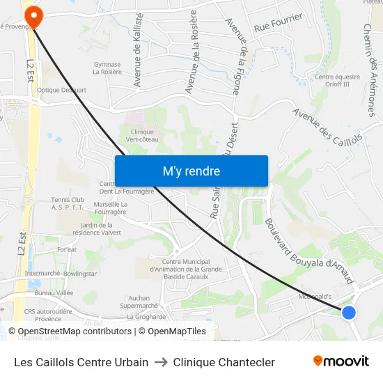 Les Caillols Centre Urbain to Clinique Chantecler map