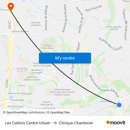 Les Caillols Centre Urbain to Clinique Chantecler map