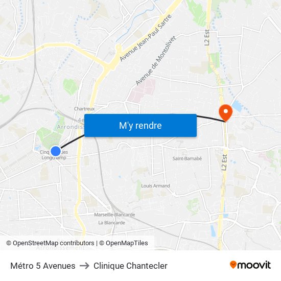 Métro 5 Avenues to Clinique Chantecler map