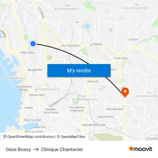Gèze Bossy to Clinique Chantecler map