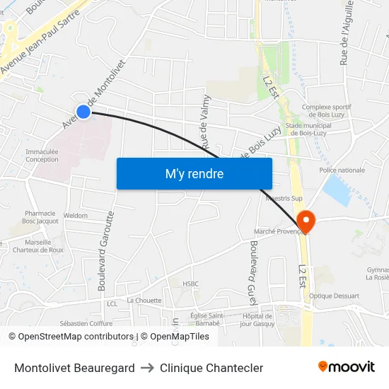 Montolivet Beauregard to Clinique Chantecler map